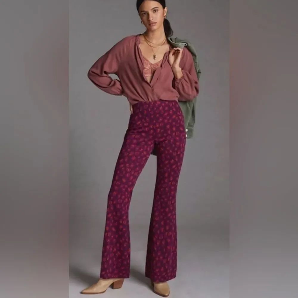 Anthropologie Knit Flare Pants Plum Leopard Print XXS
